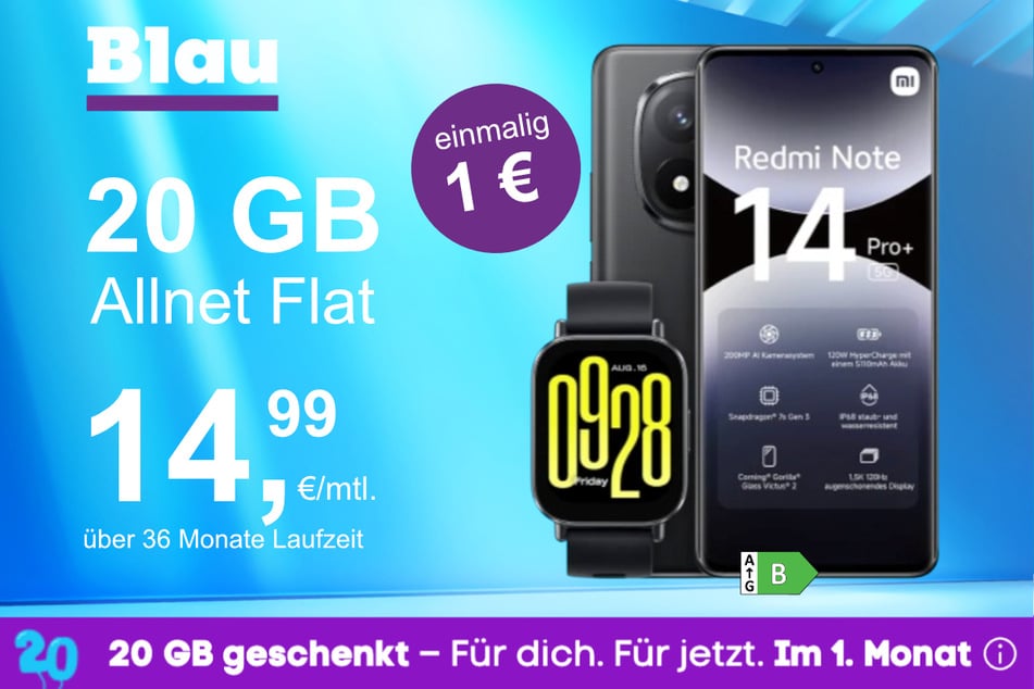 Das Xiaomi Redmi Note 14 Pro Plus + Watch 5 Active im Blau Allnet M für einmalig 1 Euro.