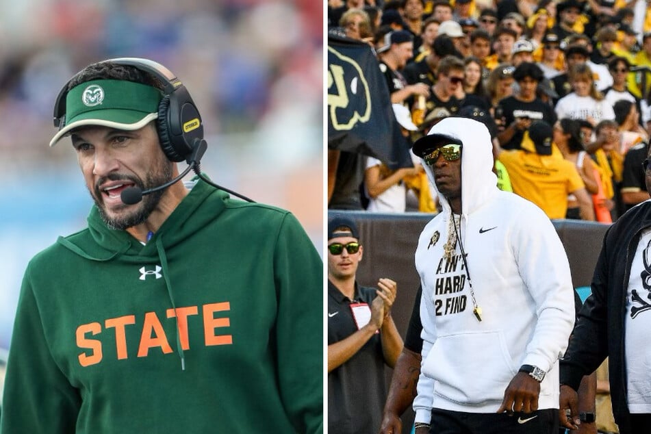 Coach Jay Norvell (l) of Colorado State football is getting fed up with all the Deion Sanders hoopla, taking jabs at him ahead of their Week 3 showdown.