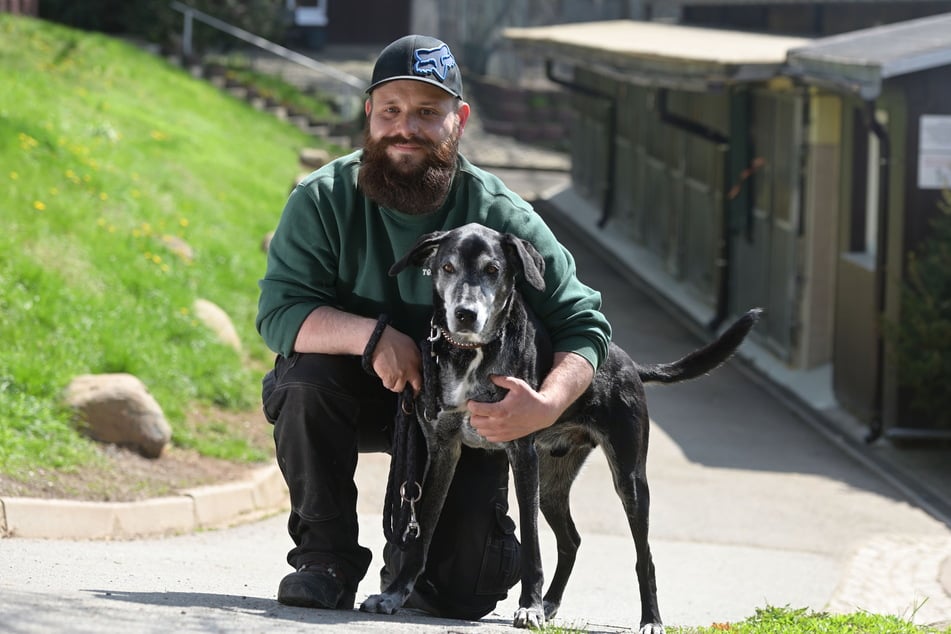 Tierpfleger Chris Wolfrum (33) mit Einbrecher-Schreck Rocky (11). Am Donnerstag war der Mischling kurzzeitig wieder verschwunden.