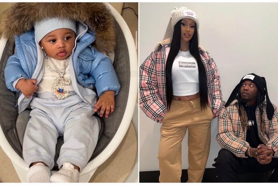 On Thursday, Cardi B and Offset (r.) officially introduced the world to their seven-month-old son Wave (l.), whose name was kept a secret.