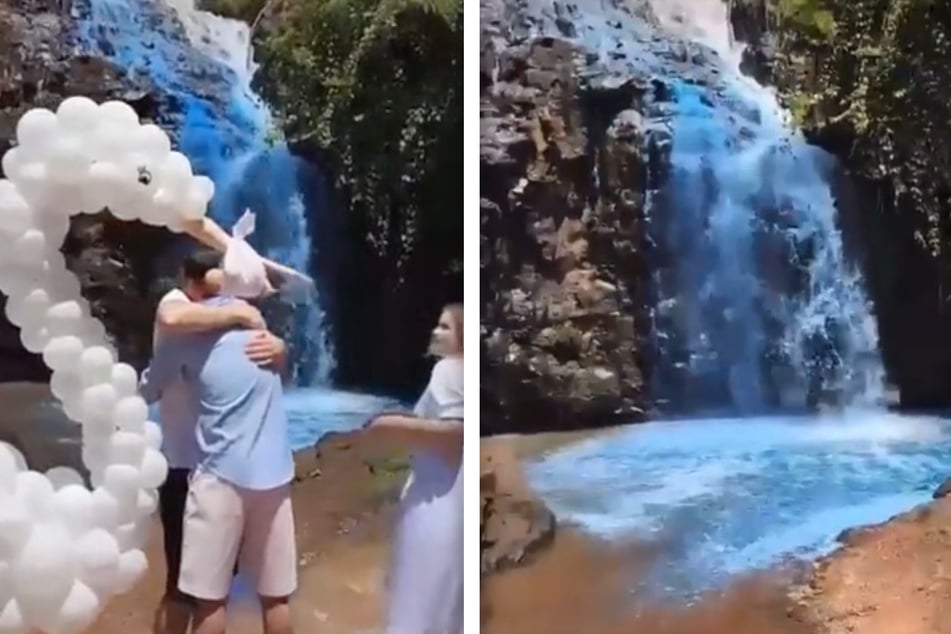 This couple dyed a waterfall blue to announce that they're expecting a baby boy.