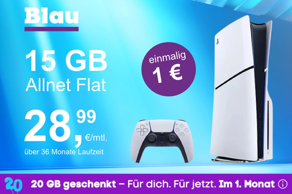 Die PS5 Digital Slim Edition im Blau Allnet M inkl. 15 GB für einmalig nur 1 Euro.
