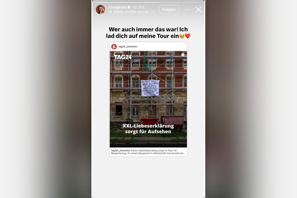 Rapper Civo (28) reagierte in seiner Instagram-Story auf die TAG24-News zur Liebesbotschaft.
