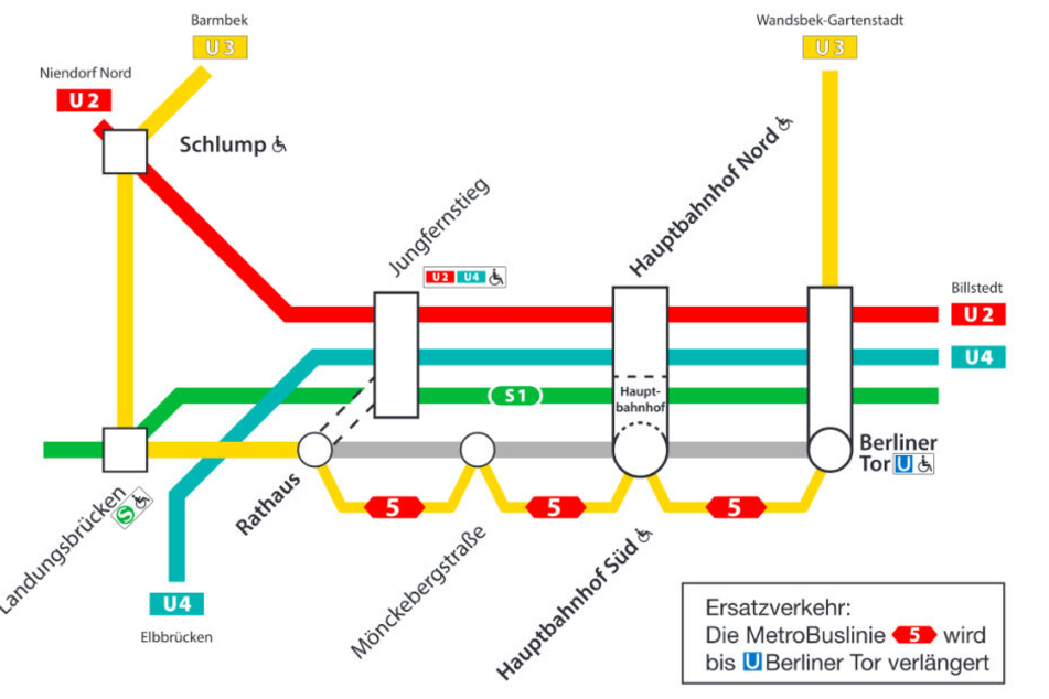 Der Linienplan zeigt Alternativen zur gesperrten U3 zwischen Rathaus und Berliner Tor.