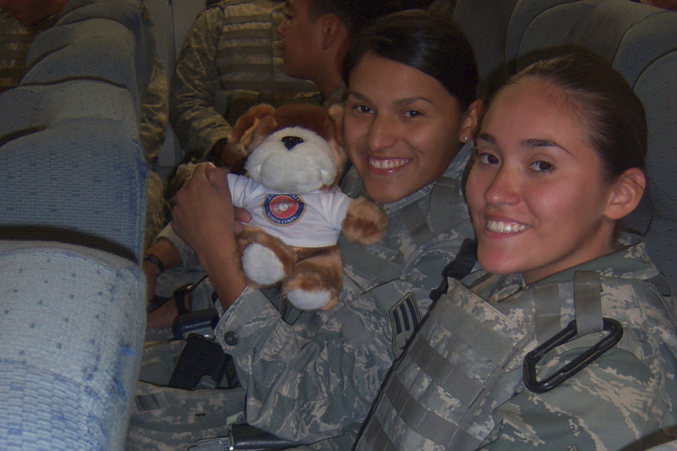 Reynoso (r.) and her best friend Gabby land in Bagram, Afghanistan, in August 2010.