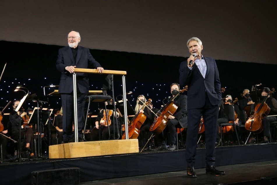 Legendary composer John Williams (l.) was joined on stage by Harrison Ford at Disney's Star Wars Celebration in Anaheim, California.