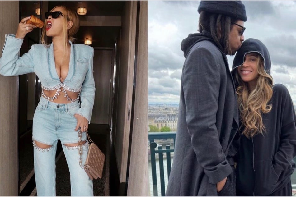 Beyoncé (r) snuggles up with Jay-Z in Paris while on her Renaissance World Tour.