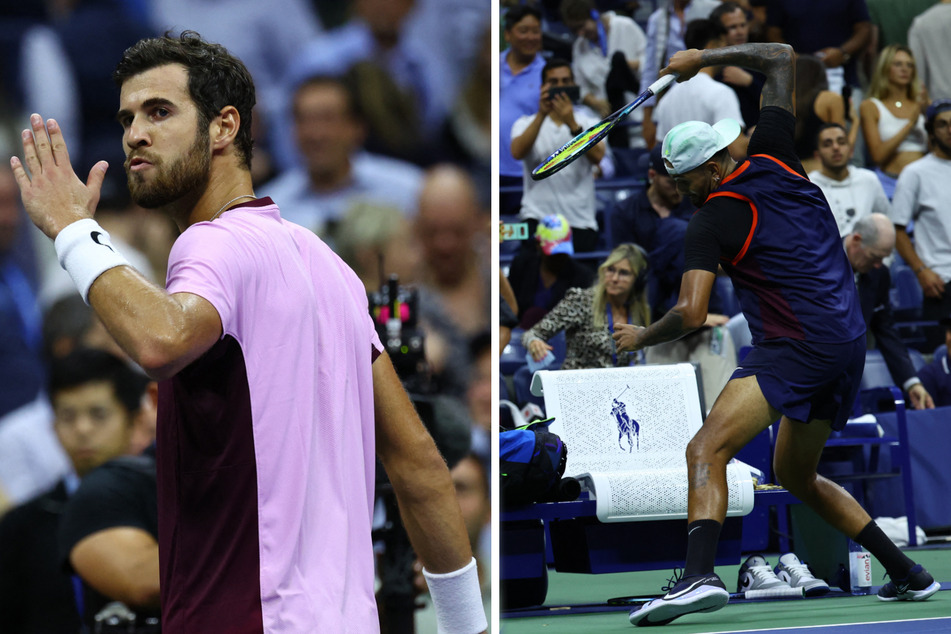 Australia's Nick Kyrgios (r.) smashes his racket after his US Open quarter final match against Russia's Karen Khachanov.