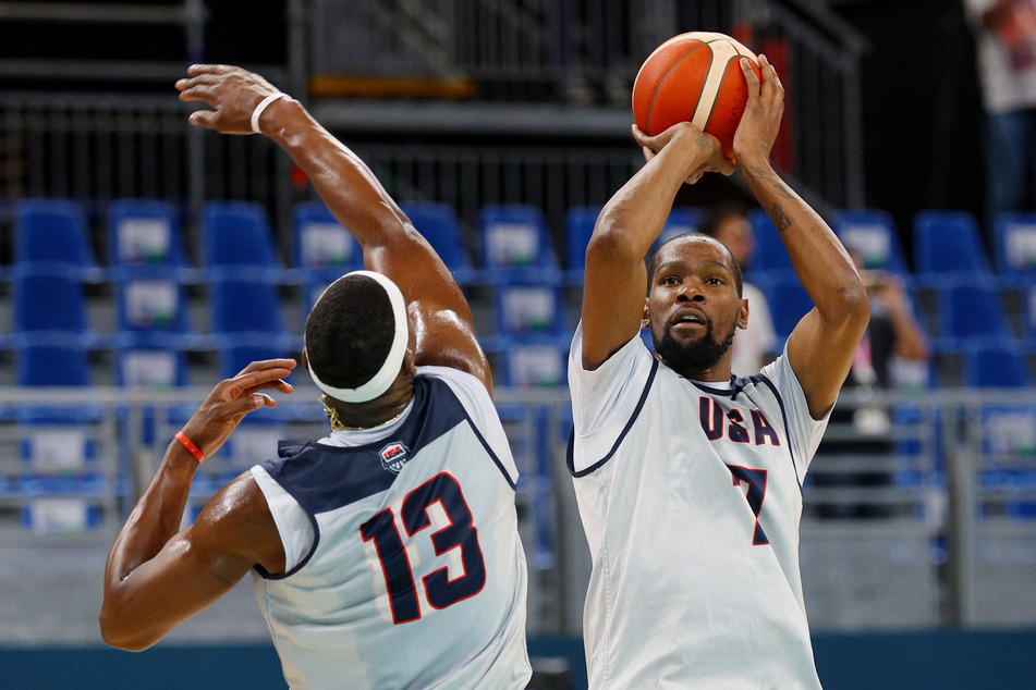 Team USA's Kevin Durant shoots the ball during training ahead of the 2024 Paris Olympics.