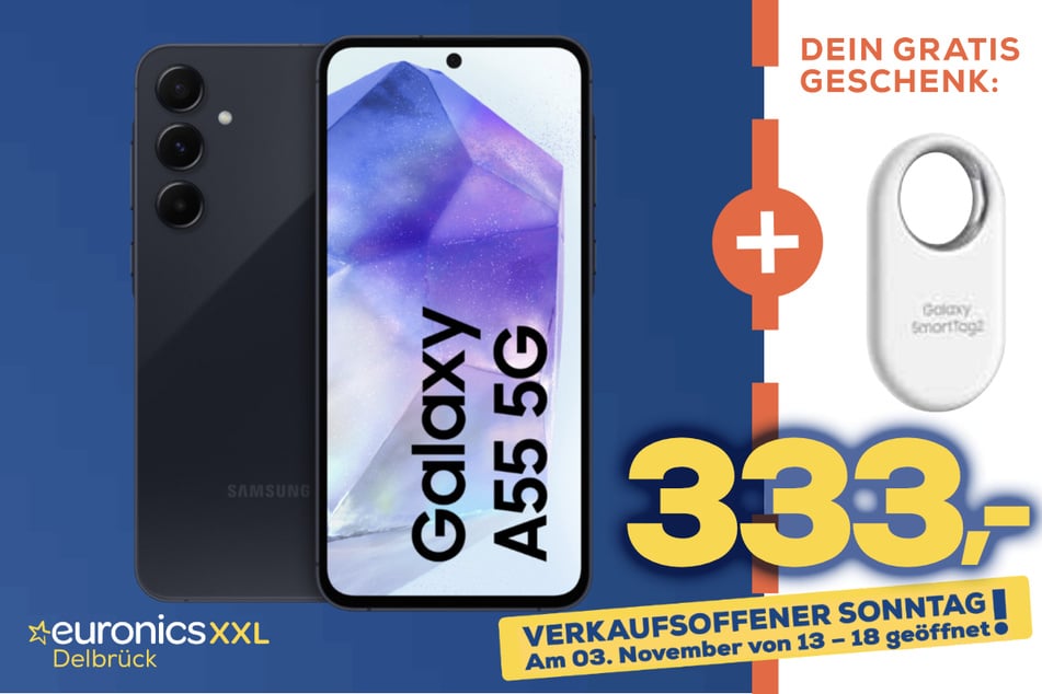 Samsung Galaxy A55 5G für 333 Euro + Galaxy SmartTag2 geschenkt.