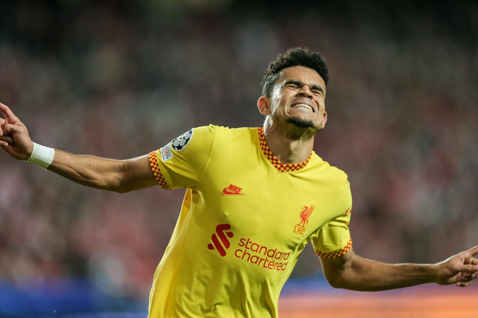 Luis Diaz celebrates Liverpool's third goal against Benfica.