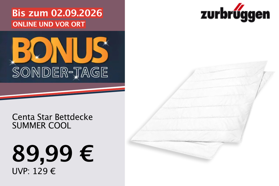 Die Centa Star Bettdecke SUMMER COOL
für 89,99 statt 129 Euro.