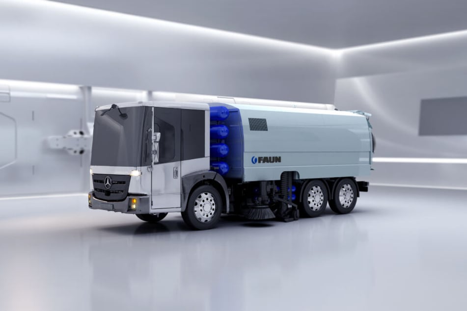 Die in Grimma hergestellten Kehrmaschinen sollen künftig auch mit Wasserstoff fahren.