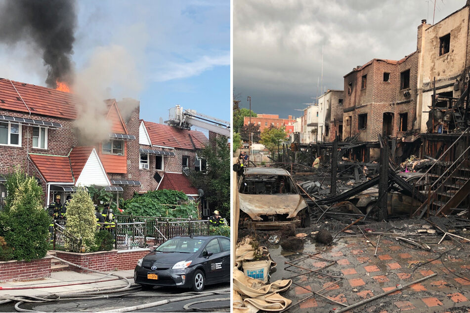 More than 200 firefighters rushed to the New York City borough of Queens yesterday afternoon where a fire spread to seven houses.