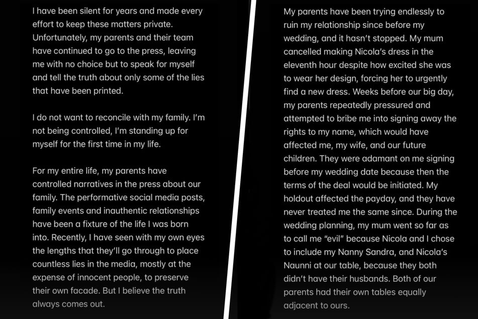 "Wochen vor unserem großen Tag setzten mich meine Eltern wiederholt unter Druck und versuchten, mich mit Bestechungsgeldern dazu zu bringen, auf die Rechte an meinem Namen zu verzichten."