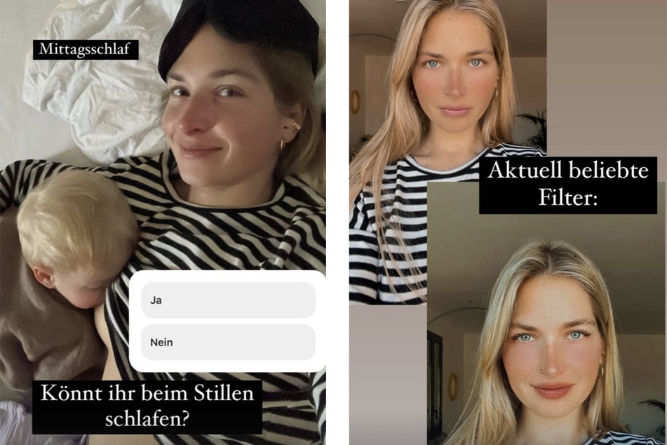 Auf Instagram zeigt Charlotte Weise sich meist ungeschminkt (l.) und macht auf die Gesichtsmerkmale veränderten Filter aufmerksam.