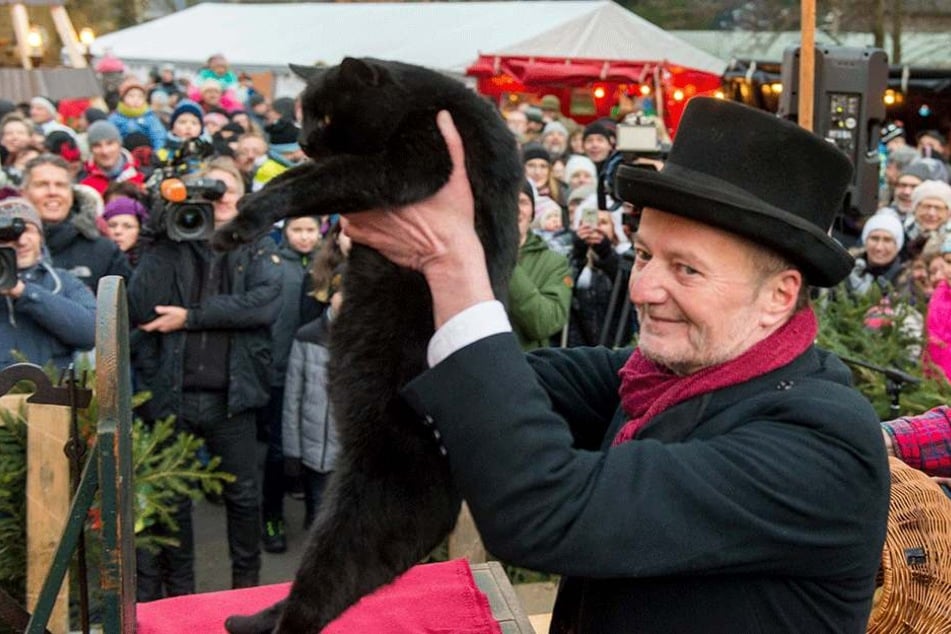 Das Katzenspeck-Orakel: vor Hunderten Schaulustigen sagte Jens Lommatzsch (57) mit seinem Kater Nero (6) das Winterwetter voraus.