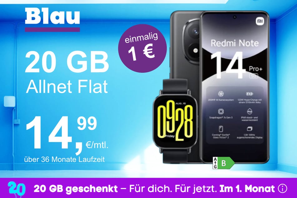Das Xiaomi Redmi Note 14 Pro Plus + Watch 5 Active im Blau Allnet M für einmalig 1 Euro.