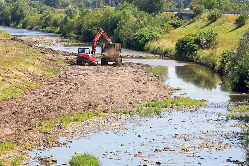 Die Flußmeisterei nutzt die regenarme Zeit und baggert die Flutrinne der Mulde in Glauchau aus.