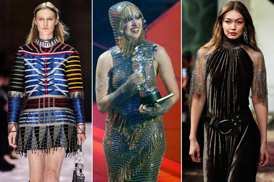 Gigi Hadid (r) wore chainmail for Ralph Lauren at NY Fashion Week, Chappell Roan (c) rocked the look at the 2024 VMAs, and Louis Vuitton's 2026 French cruise collection (l) showed armor-inspired lines.