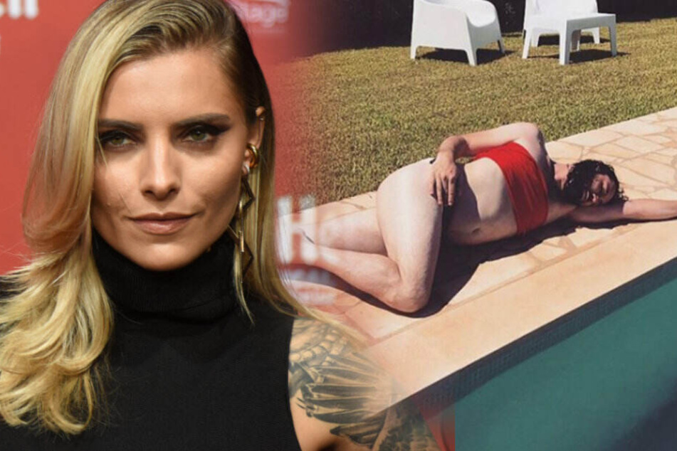 Mit dieser Pose imitiert ihr Kumpel die Influencerin. (Bildmontage)