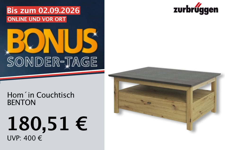 Der Hom'in Couchtisch BENTON
für 180,51 statt 400 Euro.