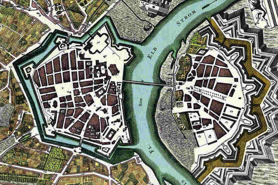 Die Festung Dresden im Jahr 1750. Am Dippoldiswalder Platz befand sich die "Bastion Merkur".