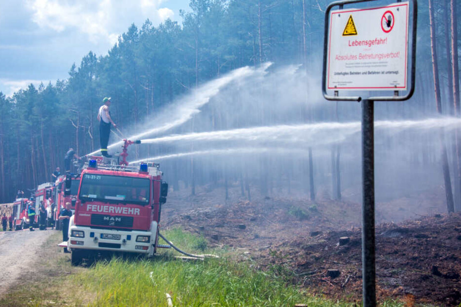Die Einsatzkräfte bekämpfen den Waldbrand.