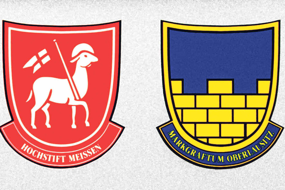 Die Grenzpfähle tragen die Wappen des Bistums Meißen und der Markgrafschaft
Oberlausitz.