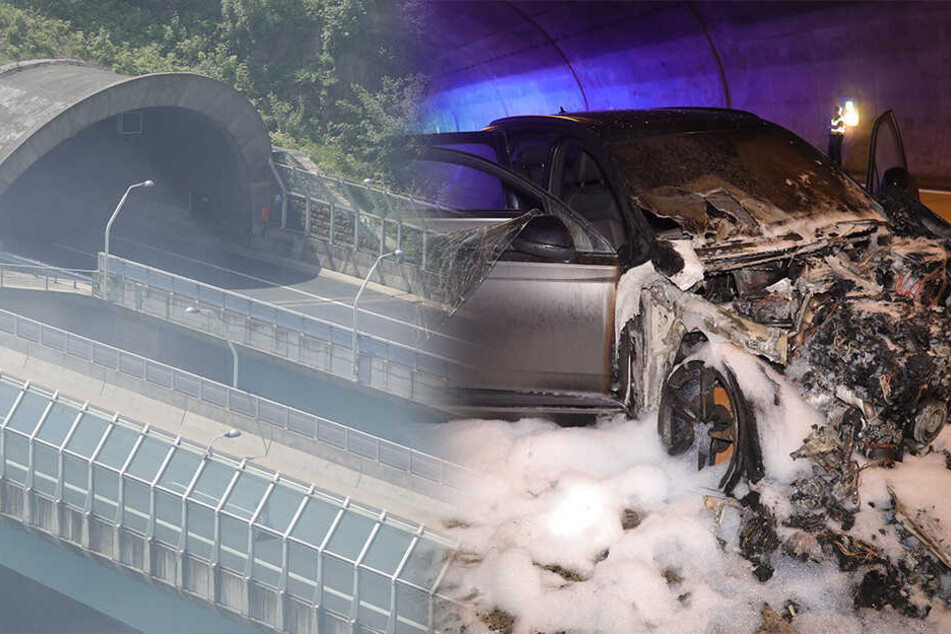 Vollsperrung! Audi brennt auf A17 in Coschützer Tunnel lichterloh