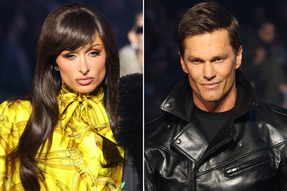 Paris Hilton (l.) and Tom Brady were among the famous faces to strut down the Gucci runway in Times Square.