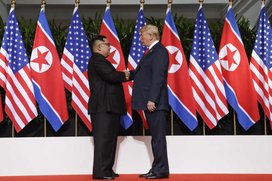 Machthaber Kim Jong Un (l) und Donald Trump reichen sich die Hand.