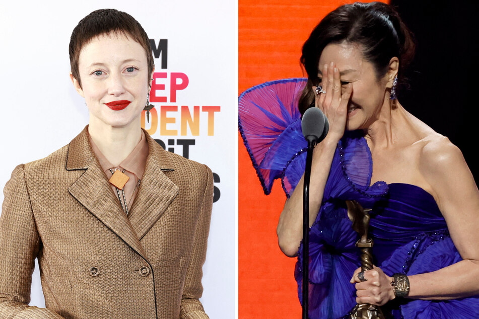 Andrea Riseborough (l) sparked controversy after receiving a nomination for Best Actress likely thanks to a last-minute social media campaign. Comparisons are now being made online to Michelle Yeoh's recent social media post.