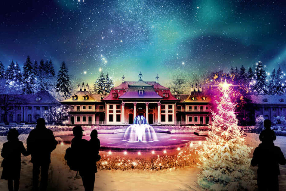 Seit 2018 erstrahlt Schloss Pillnitz in der Weihnachtszeit in buntem Licht.