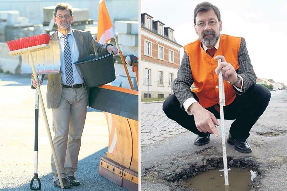"Die schlimmste Löcher werden sofort geflickt", versprach Koettnitz 2006 und maß auf der Karlsruher Straße selbst nach (re.). Mindestens einmal im Jahr, zu Beginn der Winterdienstzeit, bereitete sich Koettnitz medial auf den Winter vor (li.).