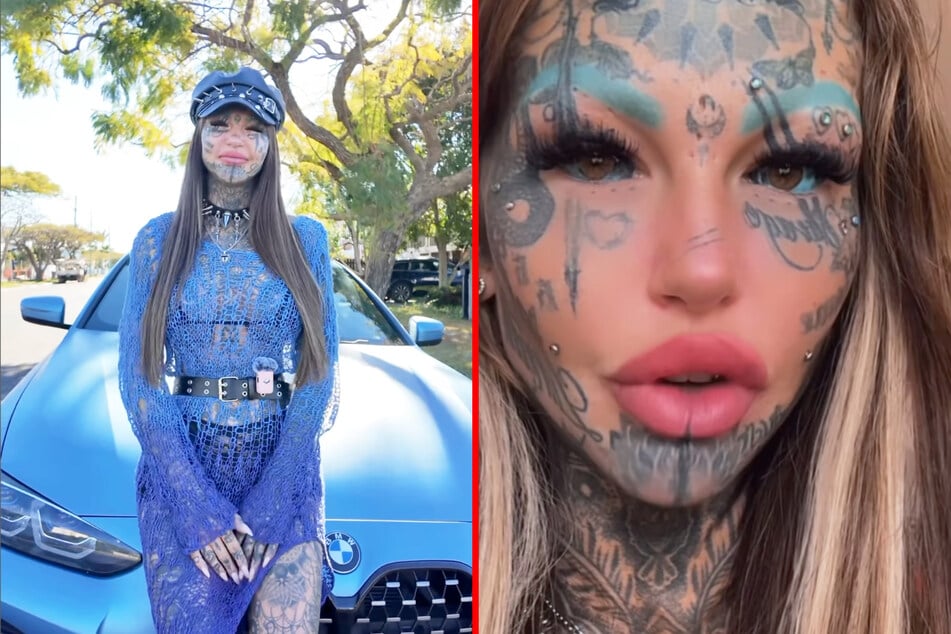 Amber Luke coated her face in thick makeup to show off what she'd look like without her many extreme tattoos.