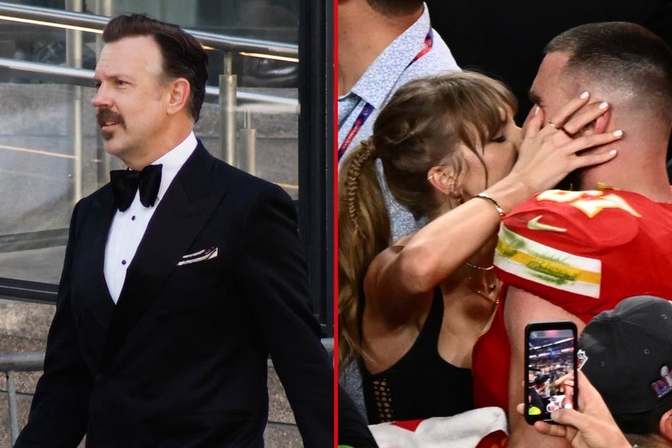 Actor Jason Sudeikis (l.) arrives at Madison Square Garden on July 3, 2026, for what many believe to be the wedding celebration for Taylor Swift and Travis Kelce.