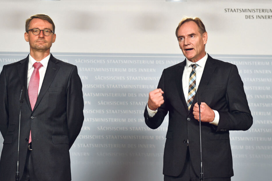 Innenminister Roland Wöller (49, CDU, v.l.) und OB Burkhard Jung (61,SPD) verkündeten gestern eine Null-Toleranz-Strategie gegen Linksextremismus.