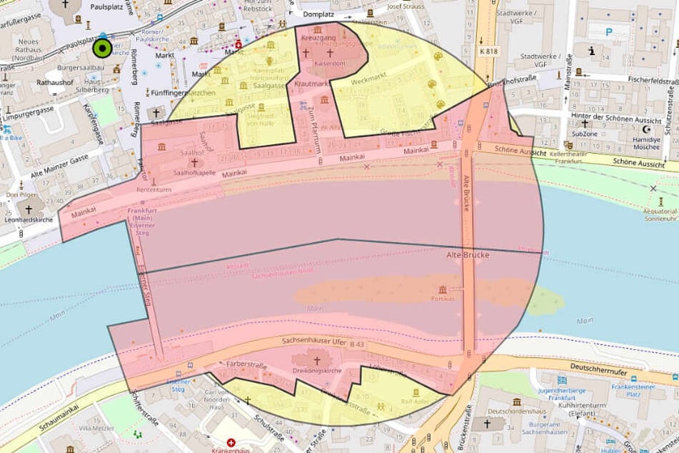 Diese Grafik zeigt den von der Evakuierung am Sonntag betroffenen Bereich in Frankfurt.