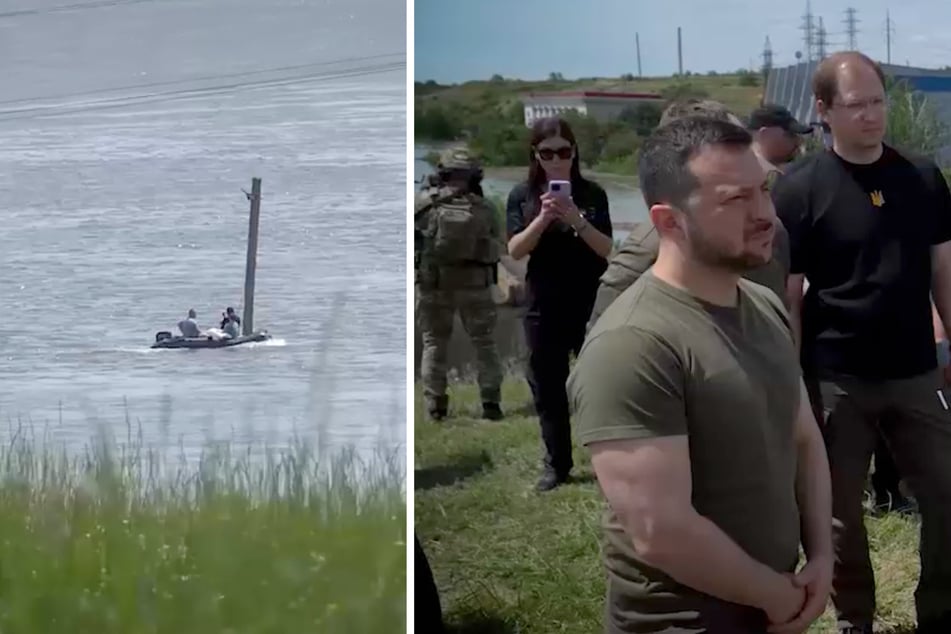 Präsident Selenskyj machte sich am heutigen Donenrstag ein Bild von der Lage in den überfluteten Gebieten. Während des Besuches wurde ein schwerverletzter Mann von einem ukrainischen Rettungsboot gerettet. Der Verletzte soll von der russischen Seite beschossen worden sein.
