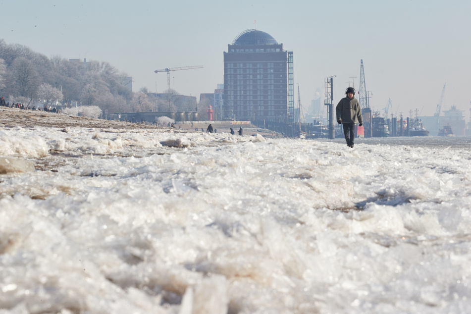 Der Dauerfrost ließ das Elbufer in Hamburg vereisen.