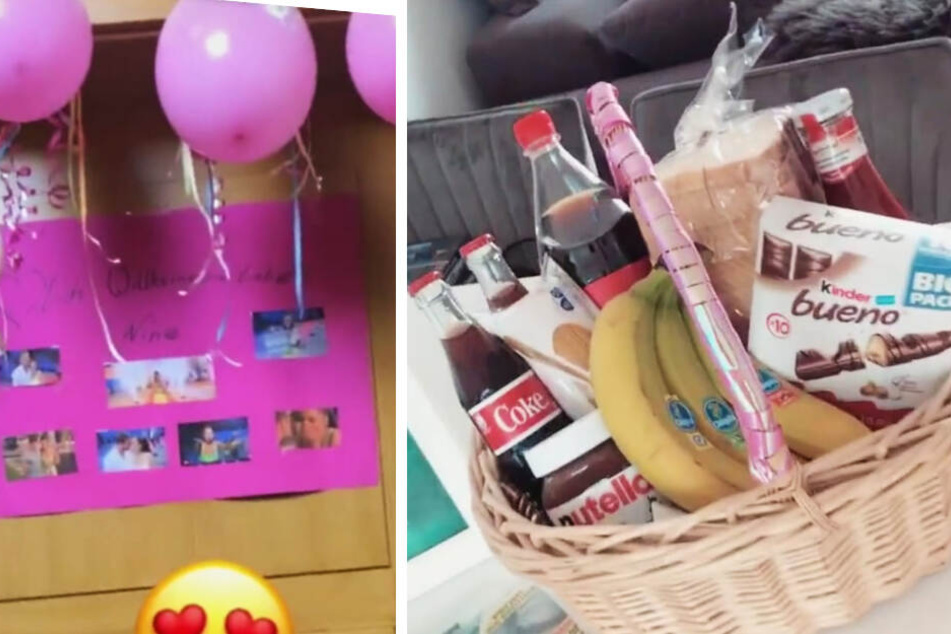Mit Luftballons, Luftschlangen, einem Plakat und einem Korb voller Süßigkeiten wurde Janine Pink (32) überrascht.