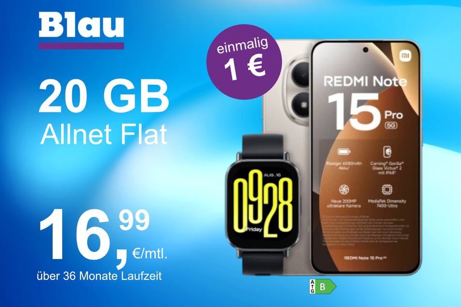 Das Xiaomi Redmi Note 15 Pro 5G + Redmi Watch 5 Lite im Blau Allnet M für einmalig 1 Euro.