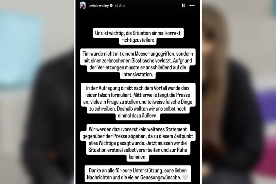 In ihrer Instagram-Story hat Lavinia Wollny am Dienstagabend klargestellt, dass ihr Verlobter nicht mit einem Messer angegriffen wurde.
