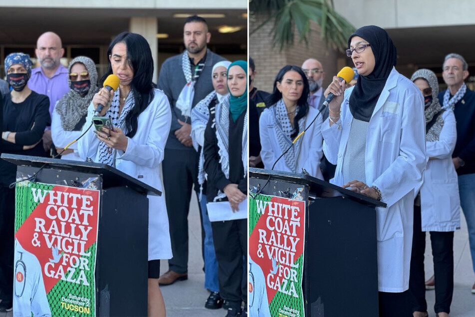 Dr. Fidaa Wishah (l.) and Dr. Uzma Jafri speak during the first White Coat Rally in Phoenix, Arizona, on November 21, 2023.