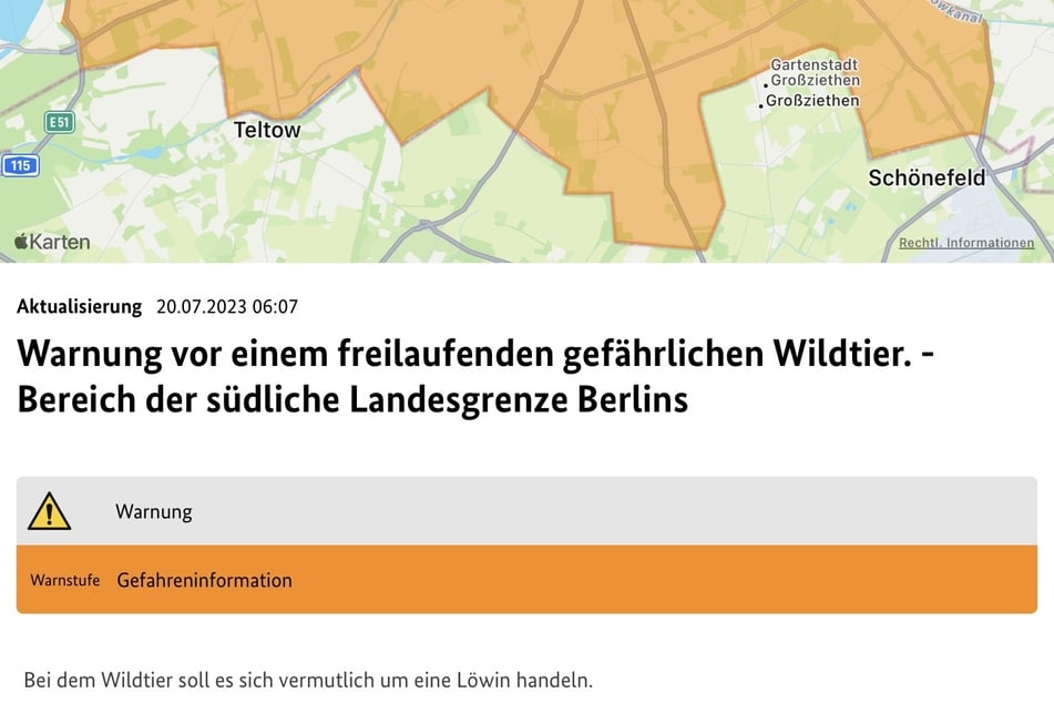 Per Warn-App wurde die Bevölkerung vor dem entlaufenen Tier gewarnt.