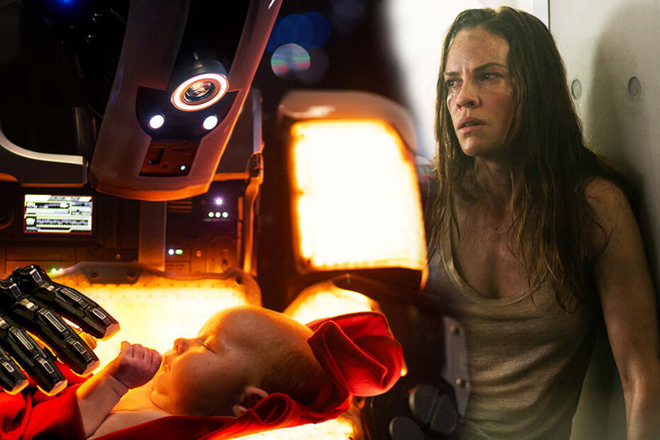 Die Frau (r., Hilary Swank) hat eine ganz eigene Meinung zu Androiden wie "Mutter" (l.). (Bildmontage)