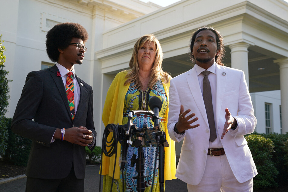 From left to right: Tennessee Democratic state representatives Justin Pearson, Gloria Johnson, and Justin Jones, known as the Tennessee Three, speak to the media after a meeting with President Joe Biden at the White House.