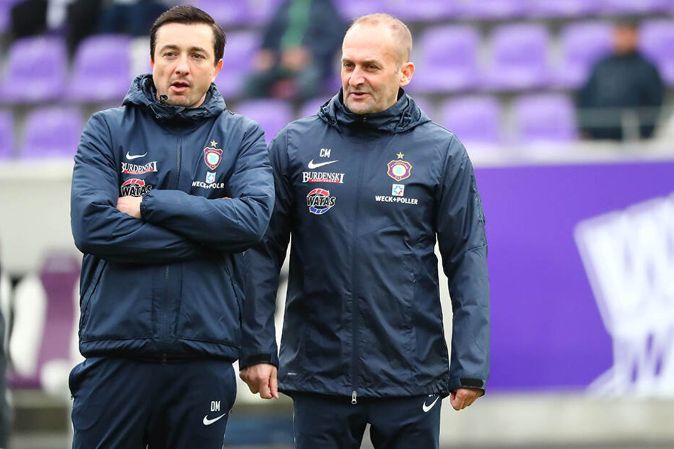 FCE-Trainer Daniel Meyer (l.) wird interimsmäßig von Carsten Müller unterstützt.
