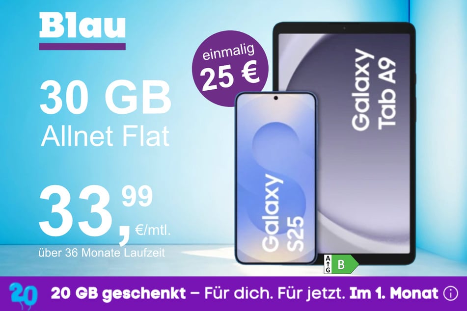 Das Samsung Galaxy S25 + Galaxy Tab A9 im Blau Allnet L für einmalig 25 Euro.